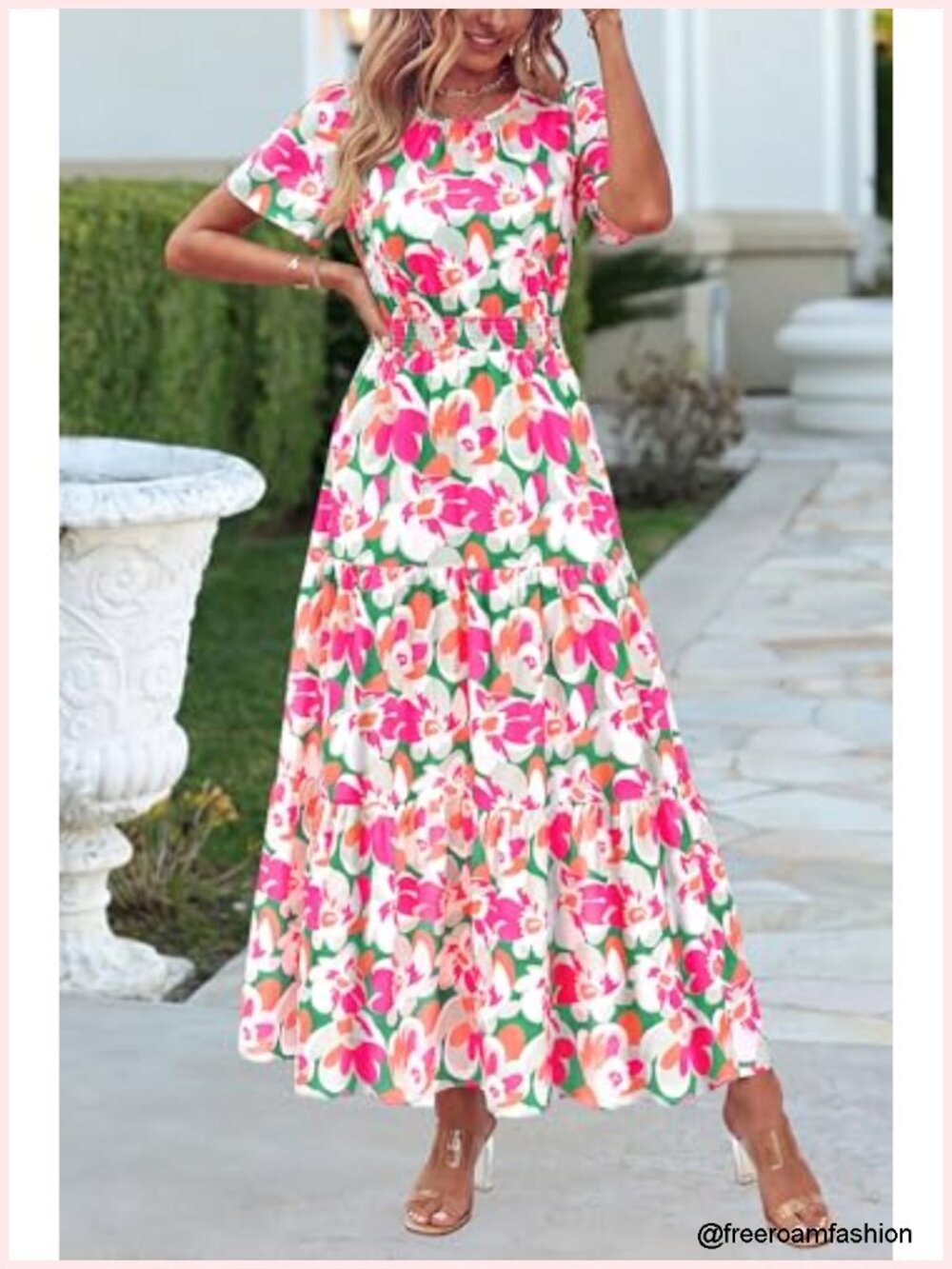 Women's Smocked Boho Floral A-Line Maxi Dress Flutter Sleeve Tiered Long - Picture 3 of 6